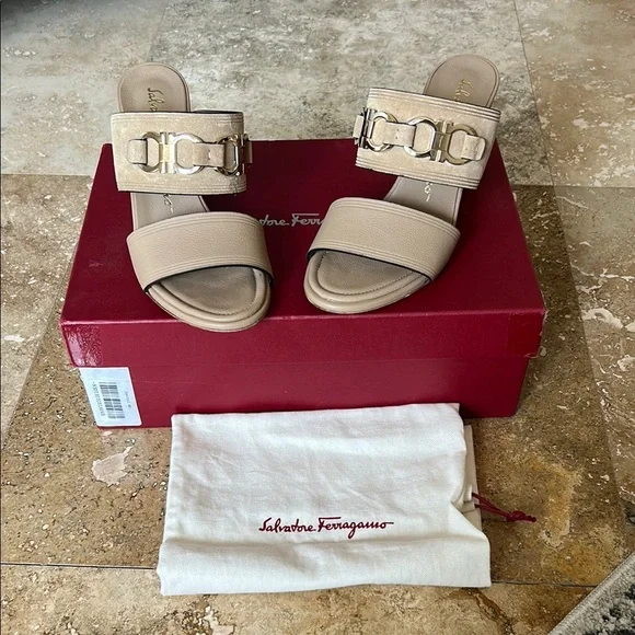 Salvatore Ferragamo Tan Slide Sandals with Metal Detail - Picture 11 of 13